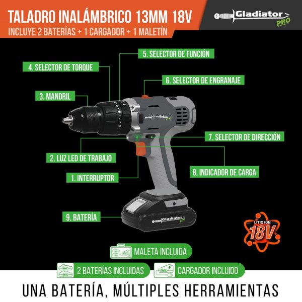 TALADRO INALAMBRICO 13mm 18v 2BAT - Imagen 2